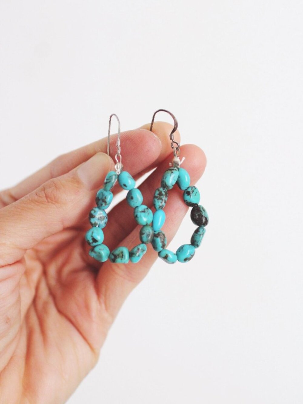 Handcrafted Turquoise Nugget Beaded Dangle Earrings Sterling Silver Vintage Boho